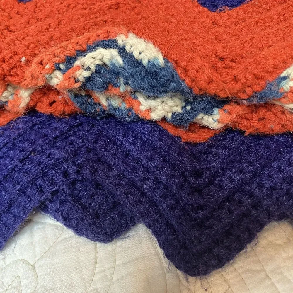 Vtg Handmade Crochet Afghan Throw Zig Zag Chevron Approx 50X65 Blue Orange Bears